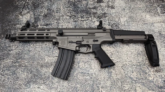 🔥XCR-L Mini Pistol🔥 in 5.56 with 7.5" barrel, two slot brake, and Gear Head Works arm brace. Color is Cerakote Tungsten.