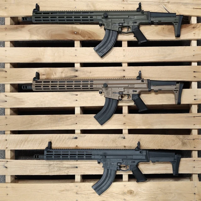 💯XCR-Ls in 7.62x39💯. Top (OD) and Middle (FDE) have Comp length uppers and 14.7" barrels. Bottom (Sniper Grey) has a Mid Length upper and a 12" barrel. 30 round DuraMags used on all 3.